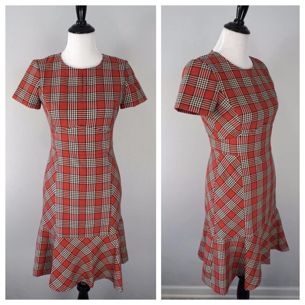 Brooks Brothers Red Fleece Orange White Plaid Short Sleeve Dress Size 2